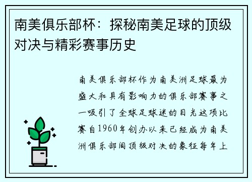 南美俱乐部杯：探秘南美足球的顶级对决与精彩赛事历史